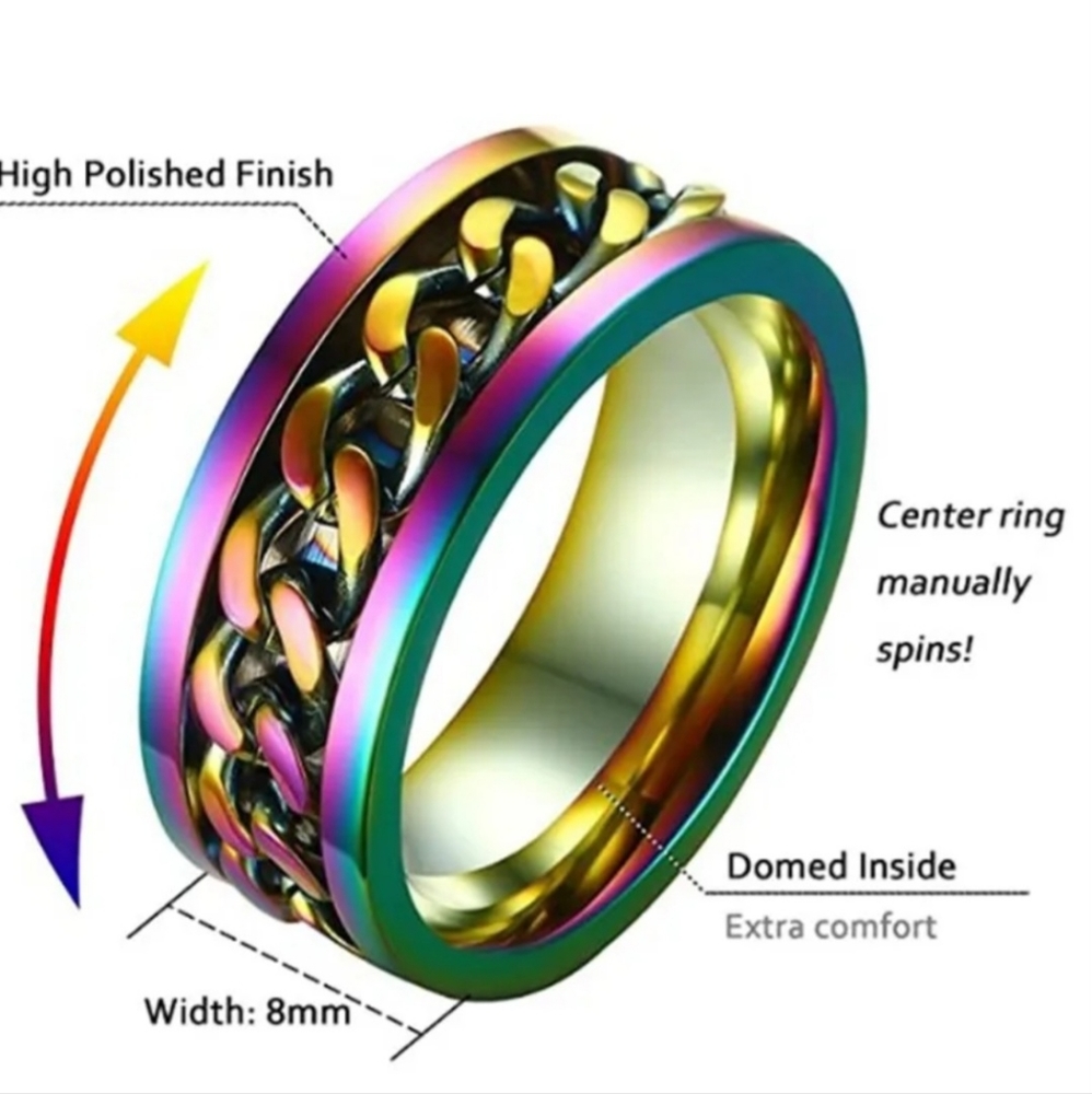 Rainbow Colorful Tye-Dye Spinner Stainless Steel 8mm Band Chain Spin Beveled